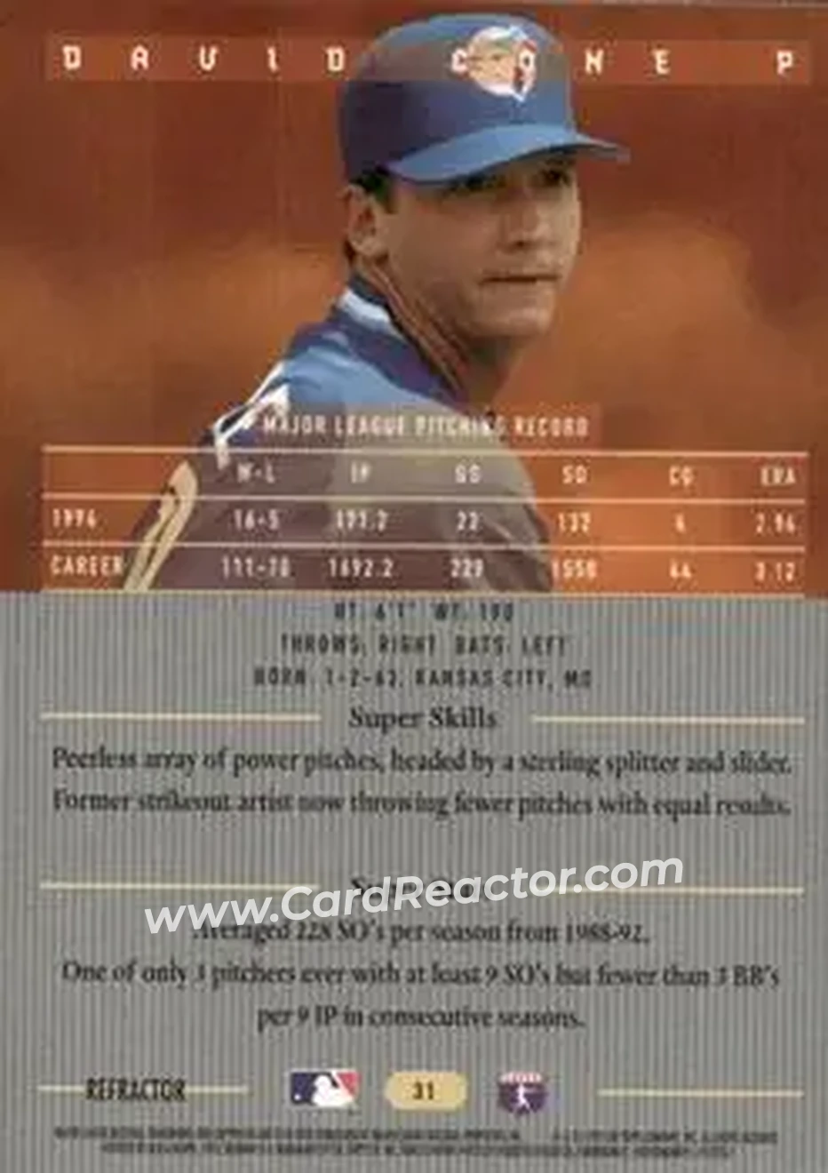 1995 Bowman's Best - Refractors #31 - David Cone - Toronto Blue Jays - Back 1995 Bowman's Best - Refractors #31 - David Cone - Toronto Blue Jays - Back