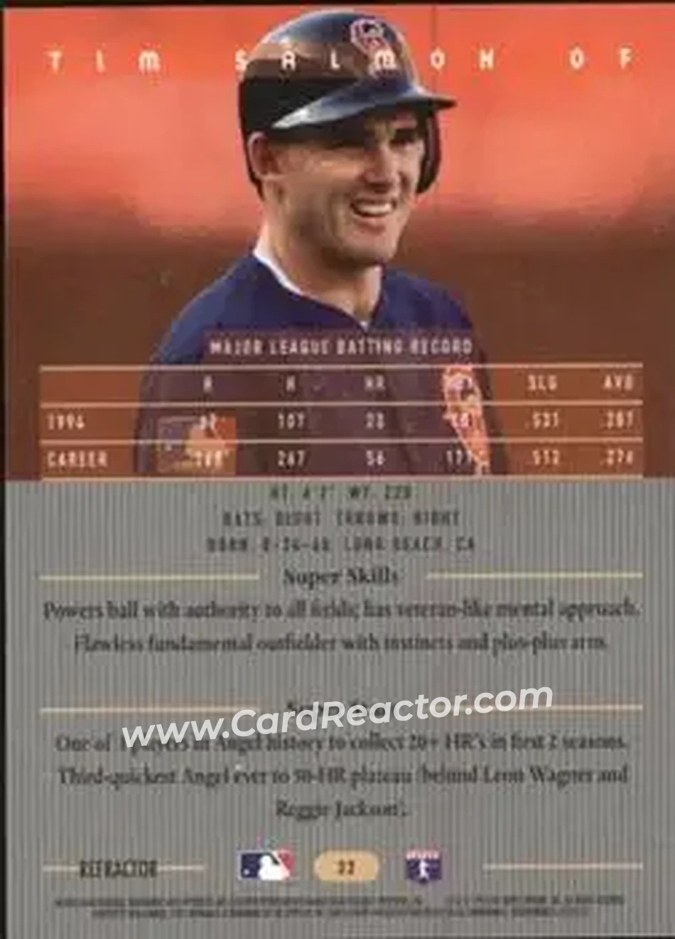 1995 Bowman's Best - Refractors #33 - Tim Salmon - California Angels - Back 1995 Bowman's Best - Refractors #33 - Tim Salmon - California Angels - Back