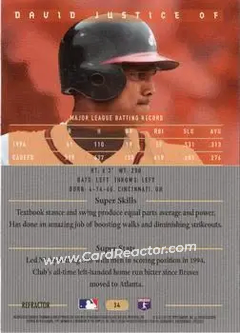 1995 Bowman's Best - Refractors #34 - David Justice - Atlanta Braves - Back 1995 Bowman's Best - Refractors #34 - David Justice - Atlanta Braves - Back