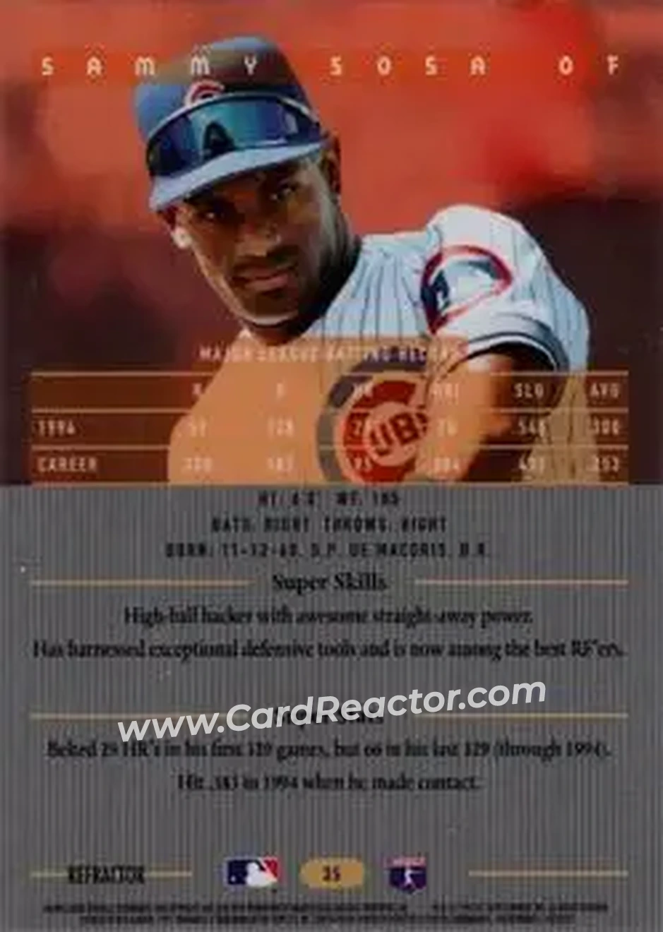 1995 Bowman's Best - Refractors #35 - Sammy Sosa - Chicago Cubs - Back 1995 Bowman's Best - Refractors #35 - Sammy Sosa - Chicago Cubs - Back