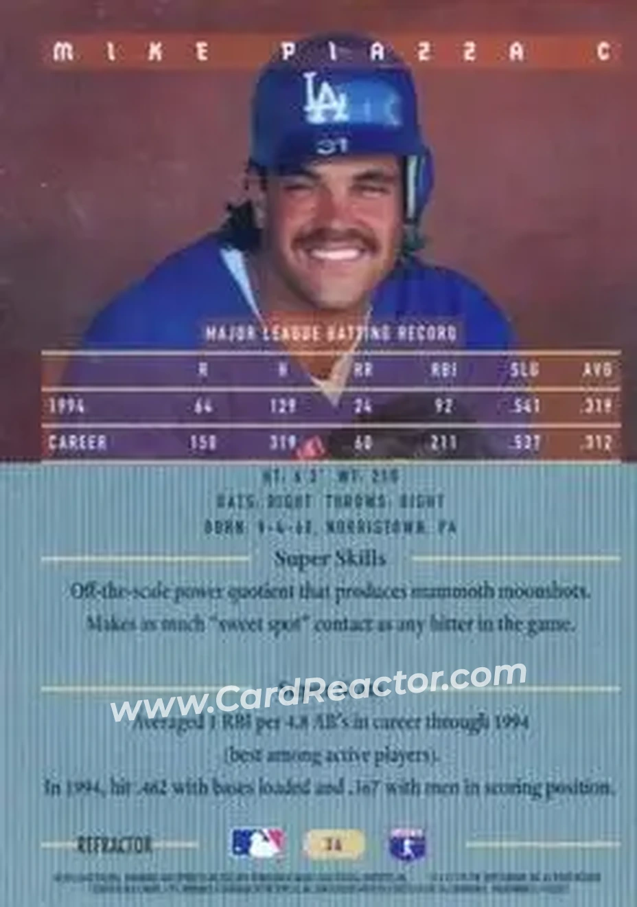 1995 Bowman's Best - Refractors #36 - Mike Piazza - Los Angeles Dodgers - Back 1995 Bowman's Best - Refractors #36 - Mike Piazza - Los Angeles Dodgers - Back