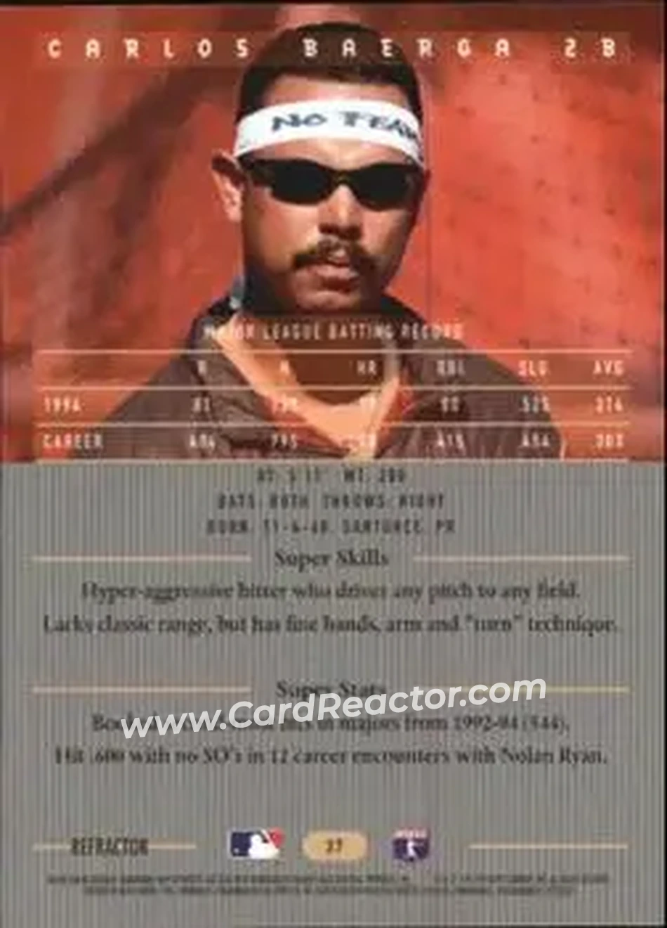 1995 Bowman's Best - Refractors #37 - Carlos Baerga - Cleveland Indians - Back 1995 Bowman's Best - Refractors #37 - Carlos Baerga - Cleveland Indians - Back