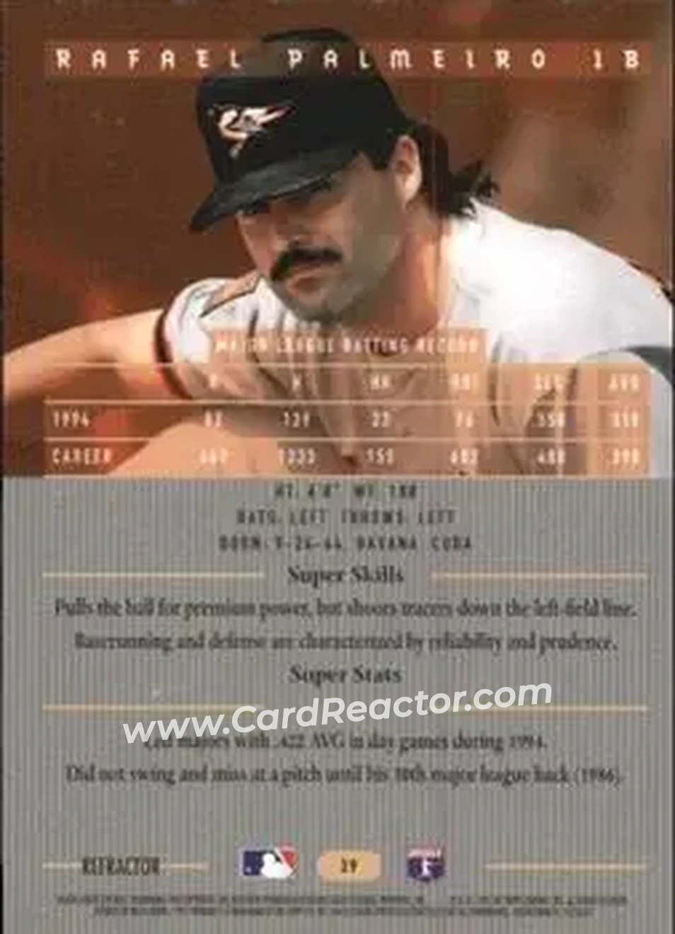 1995 Bowman's Best - Refractors #39 - Rafael Palmeiro - Baltimore Orioles - Back 1995 Bowman's Best - Refractors #39 - Rafael Palmeiro - Baltimore Orioles - Back