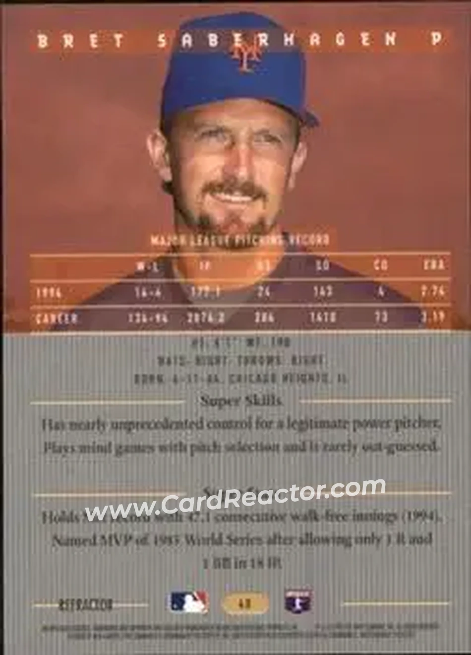 1995 Bowman's Best - Refractors #40 - Bret Saberhagen - New York Mets - Back