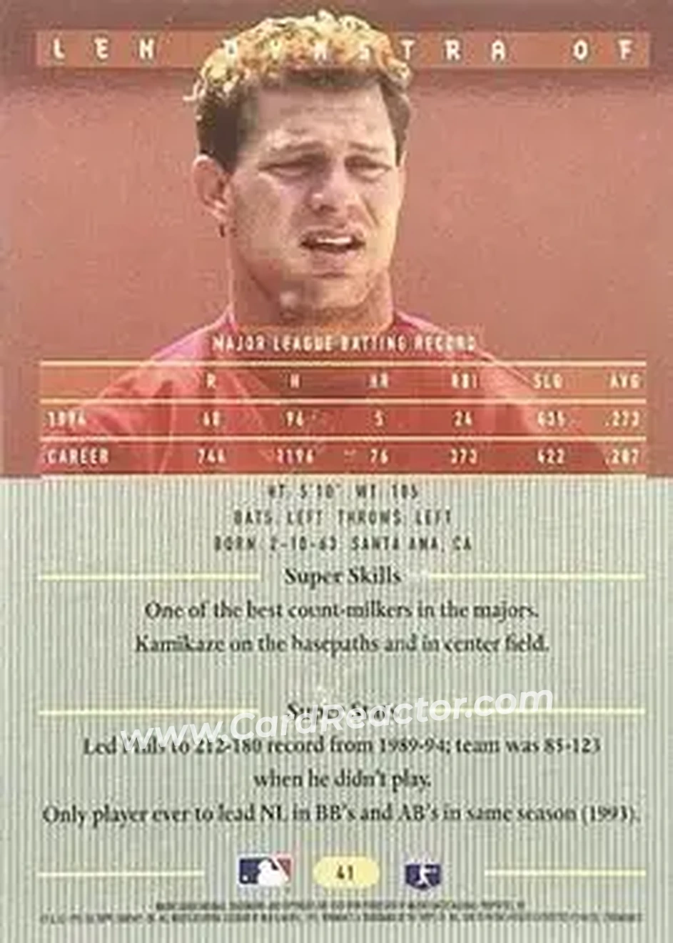 1995 Bowman's Best - Refractors #41 - Len Dykstra - Philadelphia Phillies - Back 1995 Bowman's Best - Refractors #41 - Len Dykstra - Philadelphia Phillies - Back