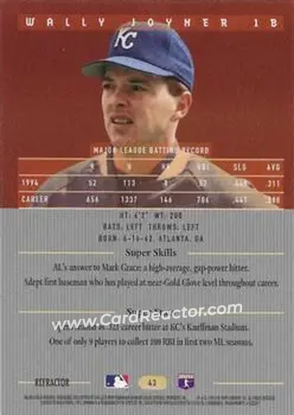 1995 Bowman's Best - Refractors #43 - Wally Joyner - Kansas City Royals - Back