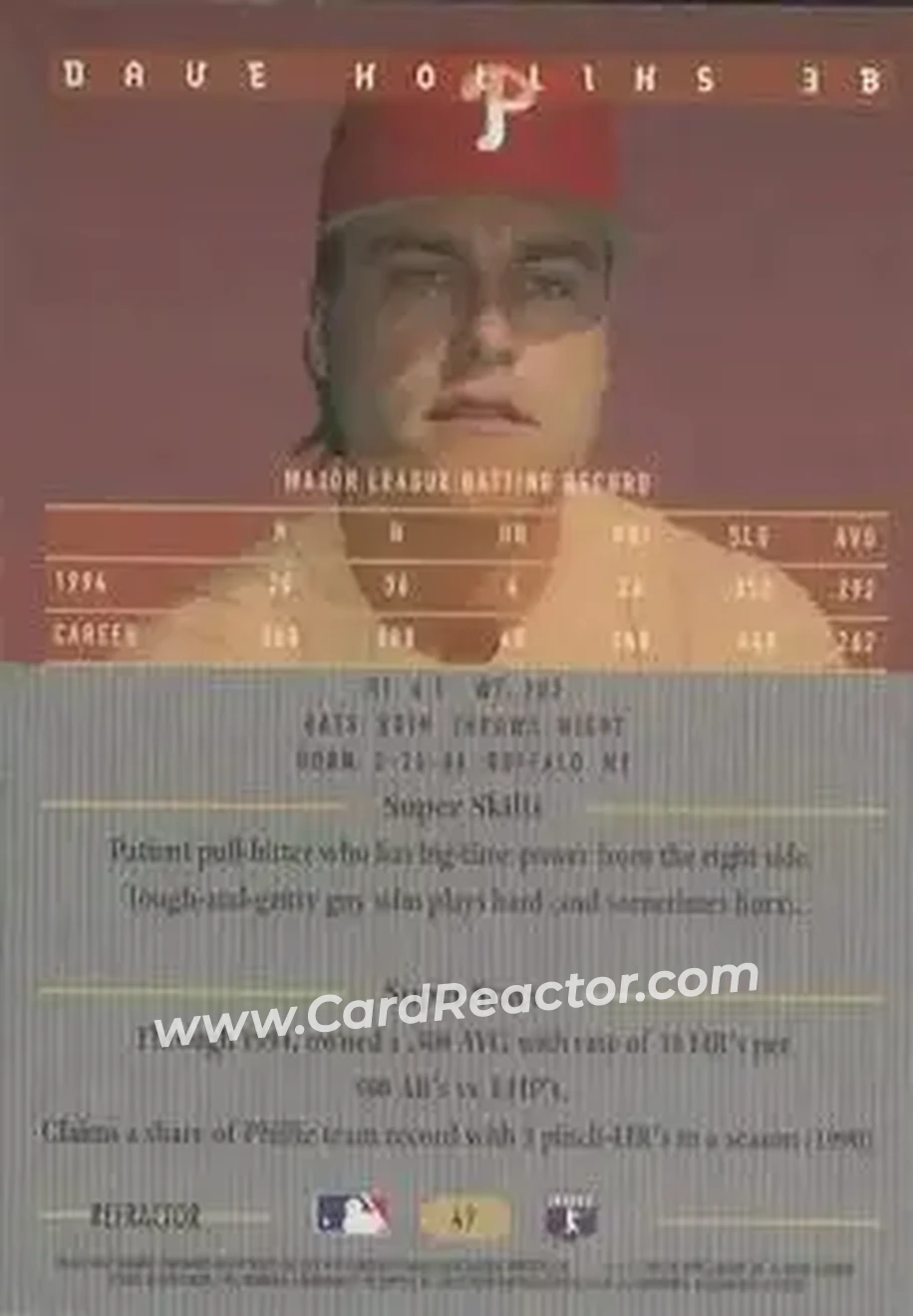 1995 Bowman's Best - Refractors #47 - Dave Hollins - Philadelphia Phillies - Back 1995 Bowman's Best - Refractors #47 - Dave Hollins - Philadelphia Phillies - Back