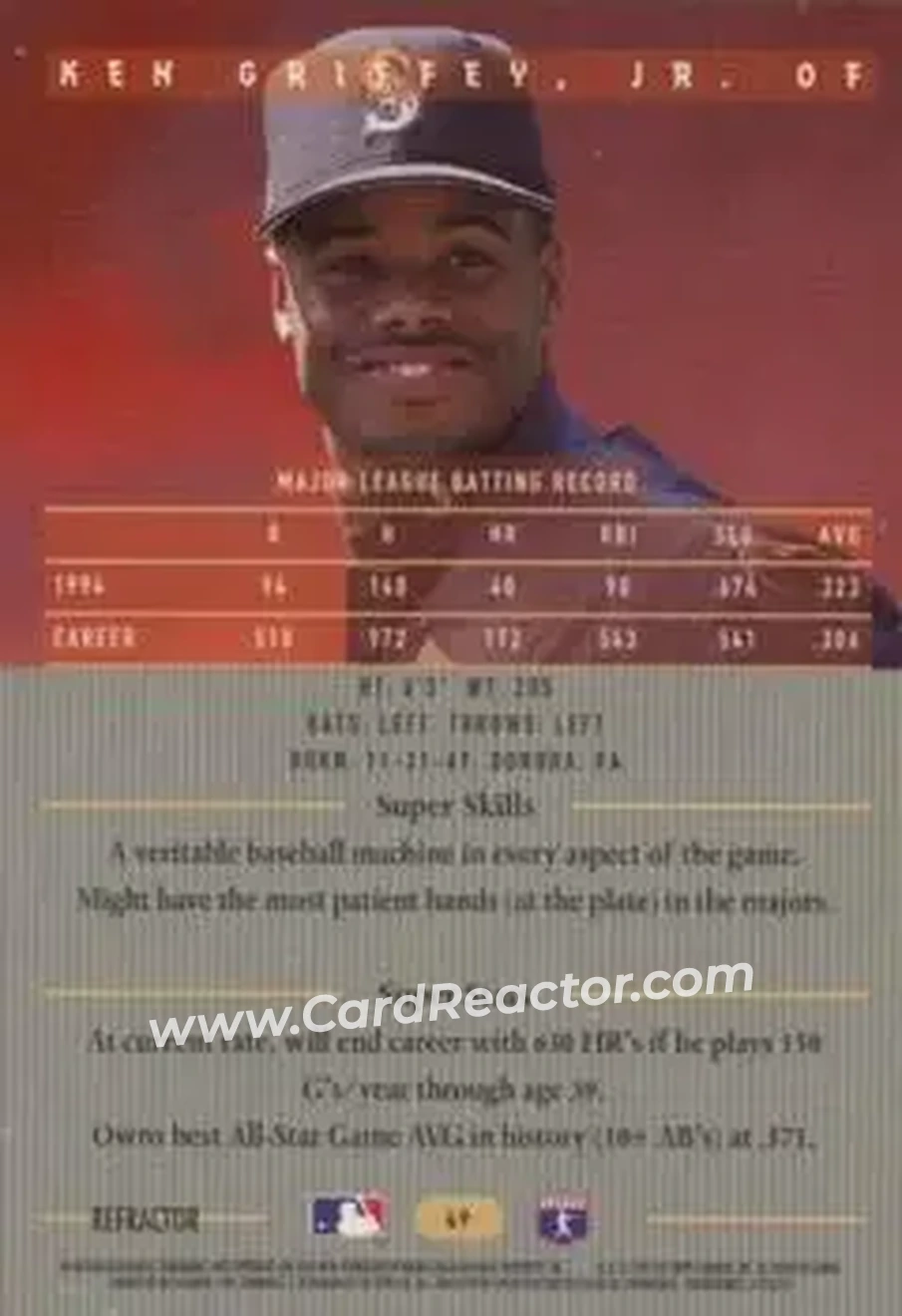 1995 Bowman's Best - Refractors #49 - Ken Griffey Jr. - Seattle Mariners - Back 1995 Bowman's Best - Refractors #49 - Ken Griffey Jr. - Seattle Mariners - Back