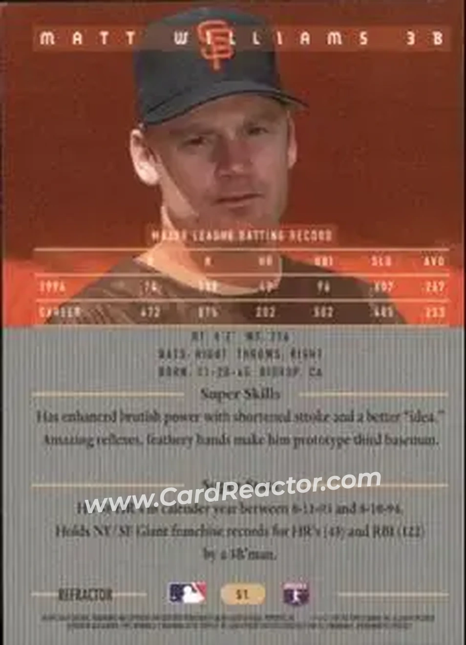 1995 Bowman's Best - Refractors #51 - Matt Williams - San Francisco Giants - Back 1995 Bowman's Best - Refractors #51 - Matt Williams - San Francisco Giants - Back