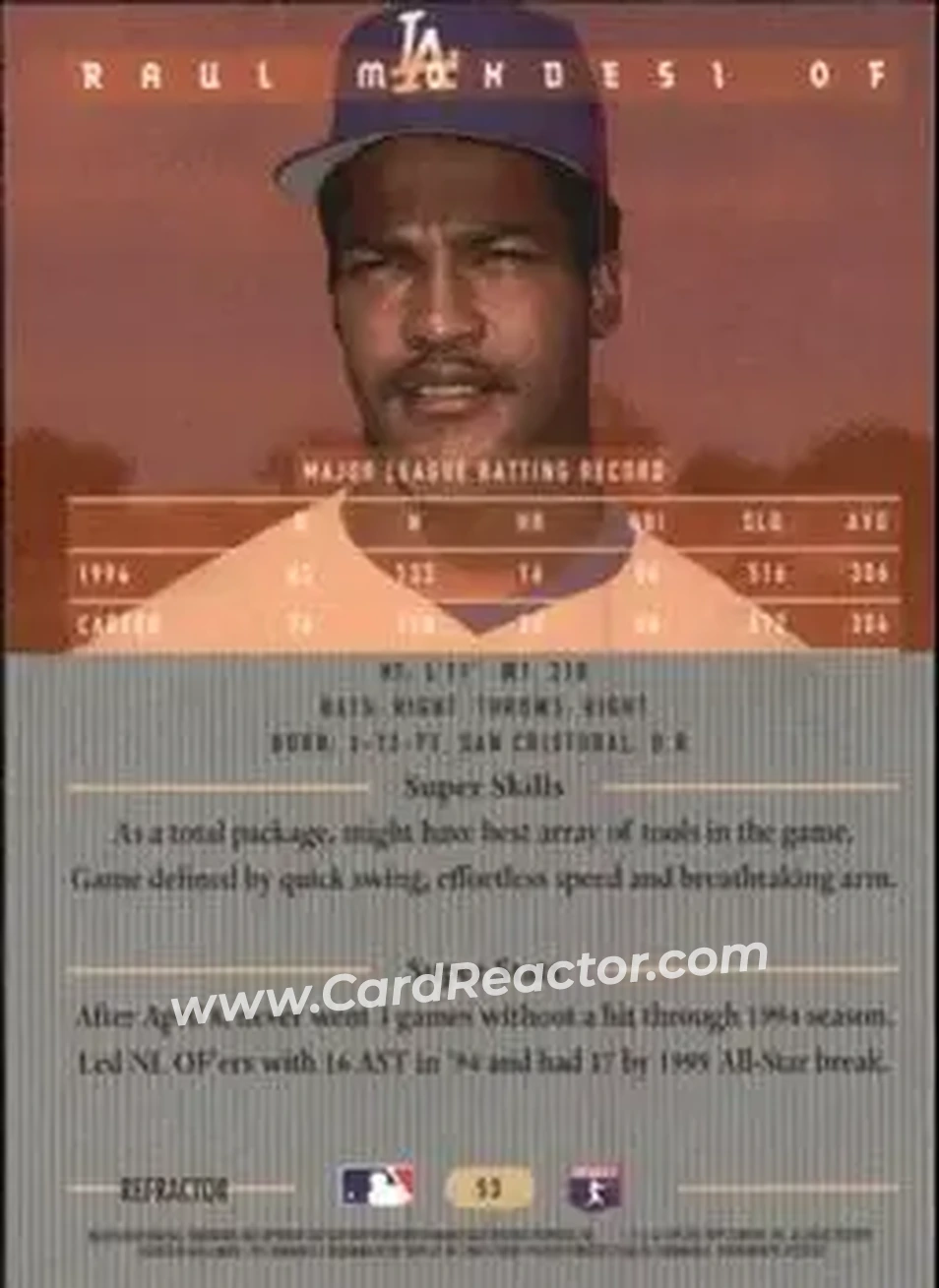1995 Bowman's Best - Refractors #53 - Raul Mondesi - Los Angeles Dodgers - Back 1995 Bowman's Best - Refractors #53 - Raul Mondesi - Los Angeles Dodgers - Back