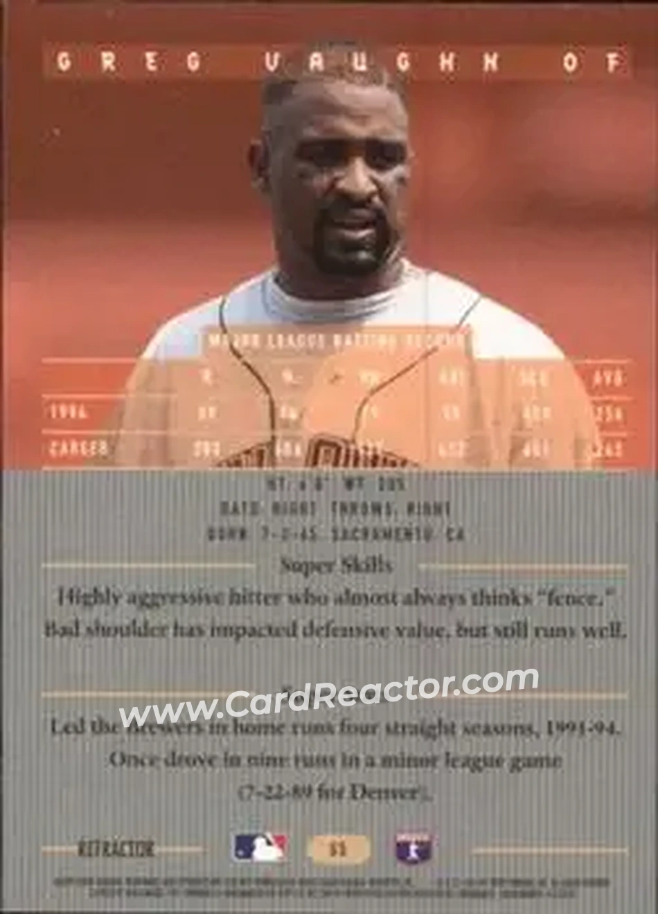 1995 Bowman's Best - Refractors #55 - Greg Vaughn - Milwaukee Brewers - Back 1995 Bowman's Best - Refractors #55 - Greg Vaughn - Milwaukee Brewers - Back