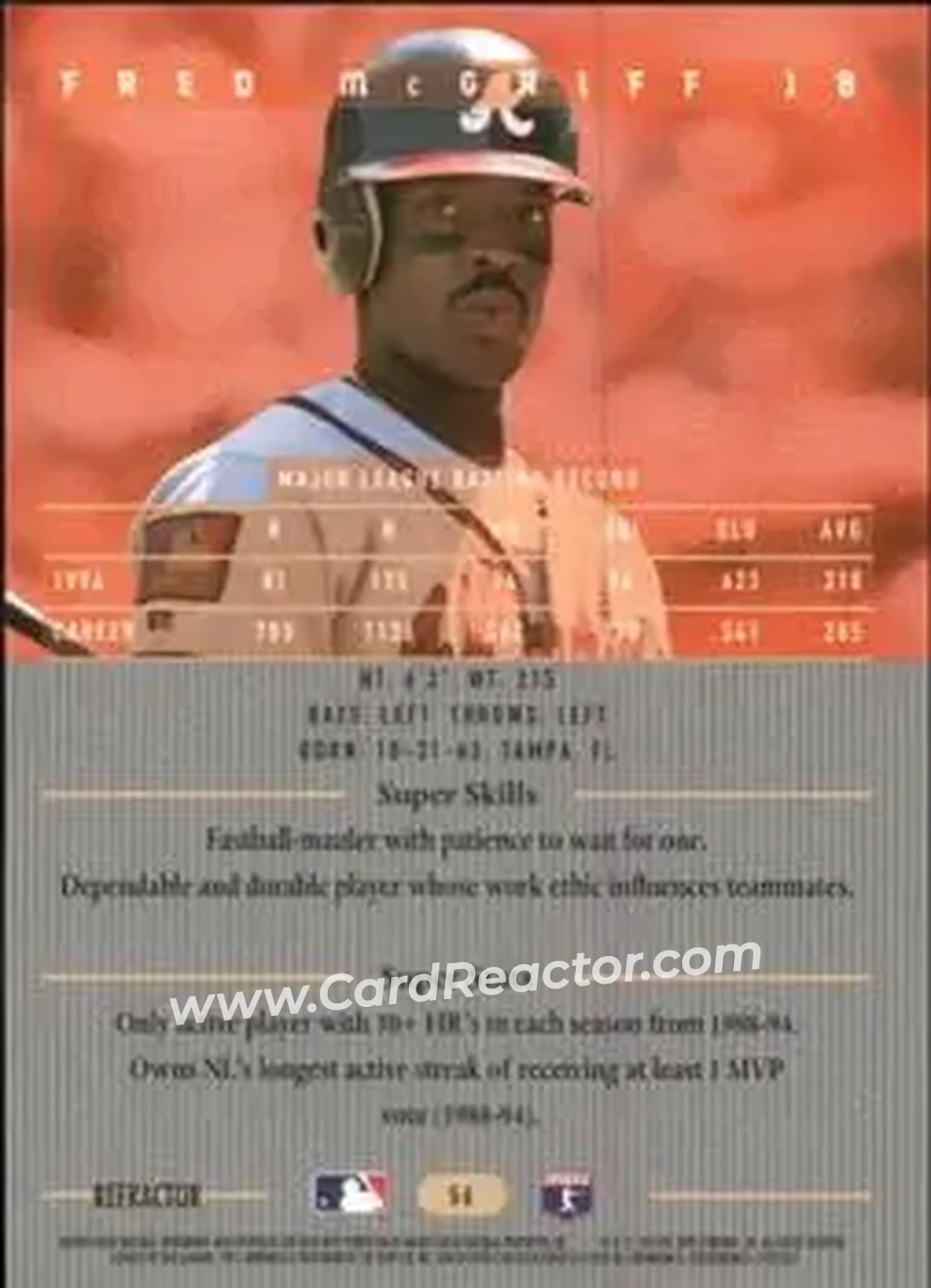 1995 Bowman's Best - Refractors #56 - Fred McGriff - Atlanta Braves - Back