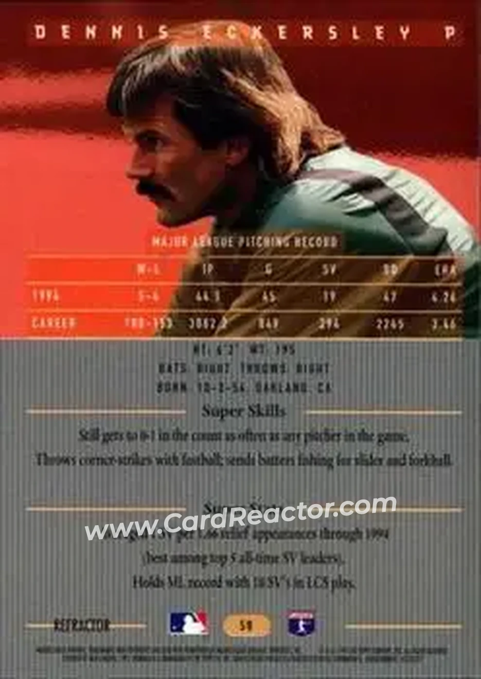 1995 Bowman's Best - Refractors #58 - Dennis Eckersley - Oakland Athletics - Back 1995 Bowman's Best - Refractors #58 - Dennis Eckersley - Oakland Athletics - Back