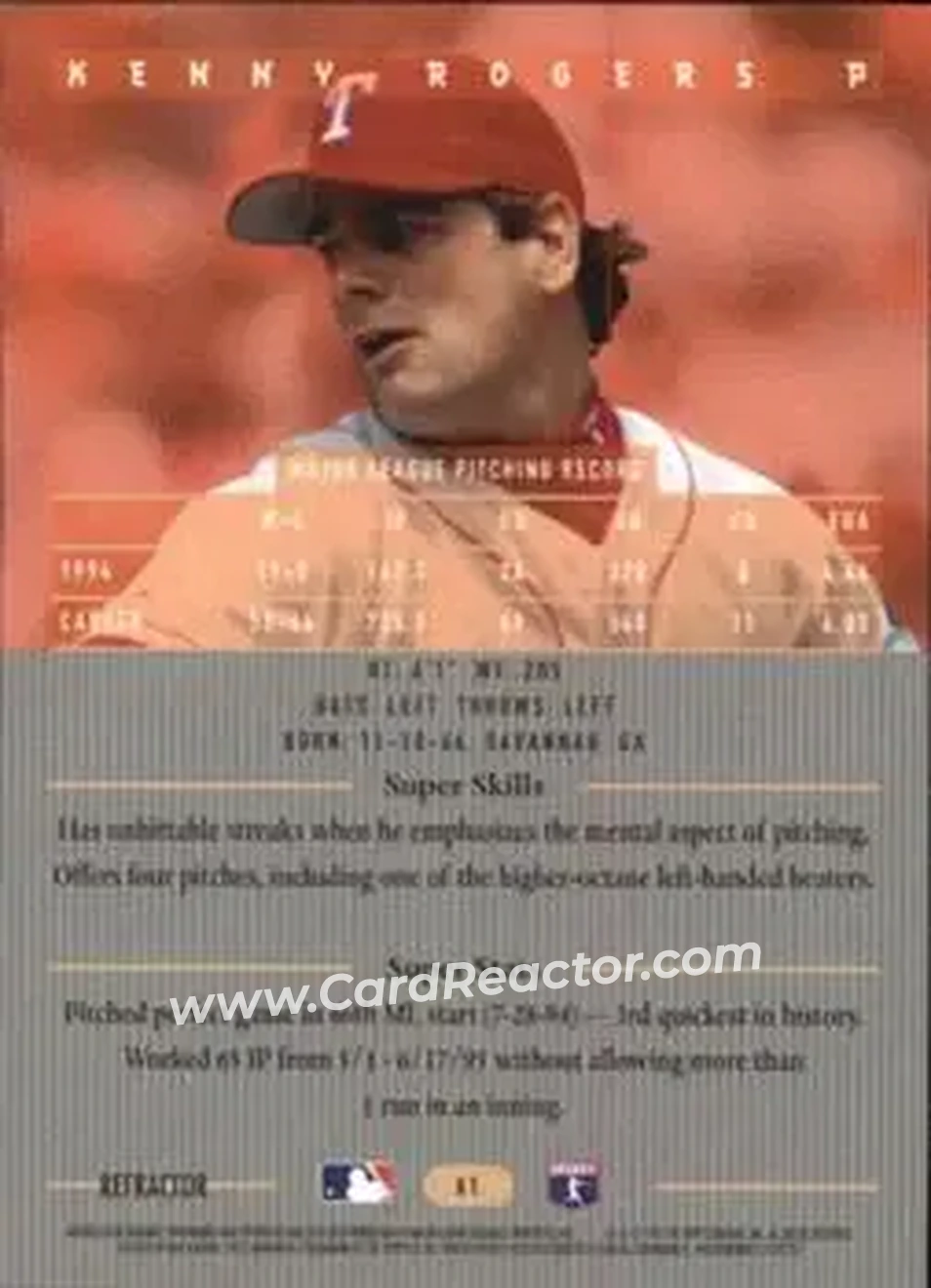 1995 Bowman's Best - Refractors #61 - Kenny Rogers - Texas Rangers - Back 1995 Bowman's Best - Refractors #61 - Kenny Rogers - Texas Rangers - Back