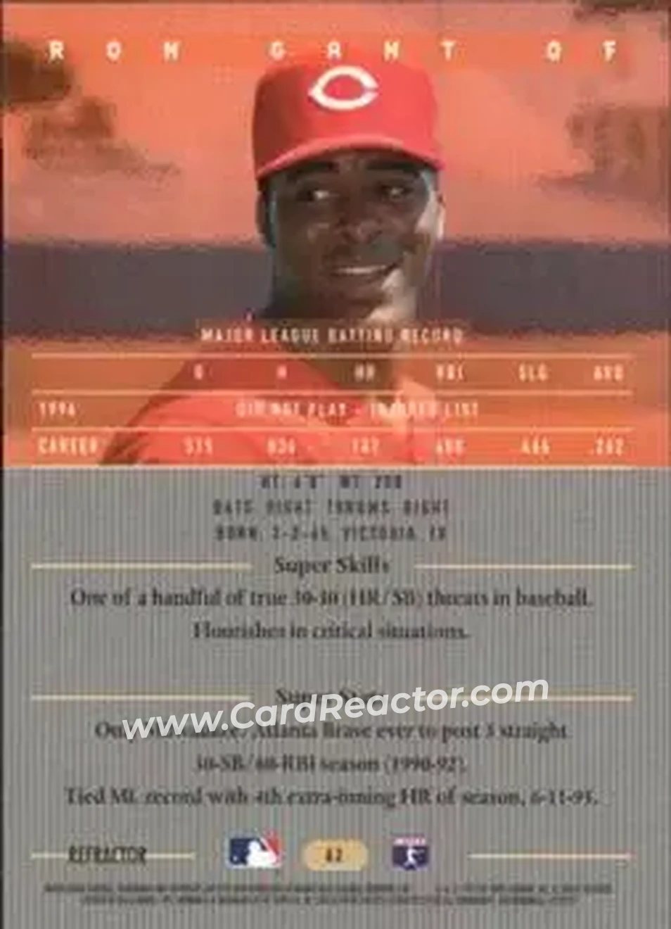 1995 Bowman's Best - Refractors #62 - Ron Gant - Cincinnati Reds - Back 1995 Bowman's Best - Refractors #62 - Ron Gant - Cincinnati Reds - Back