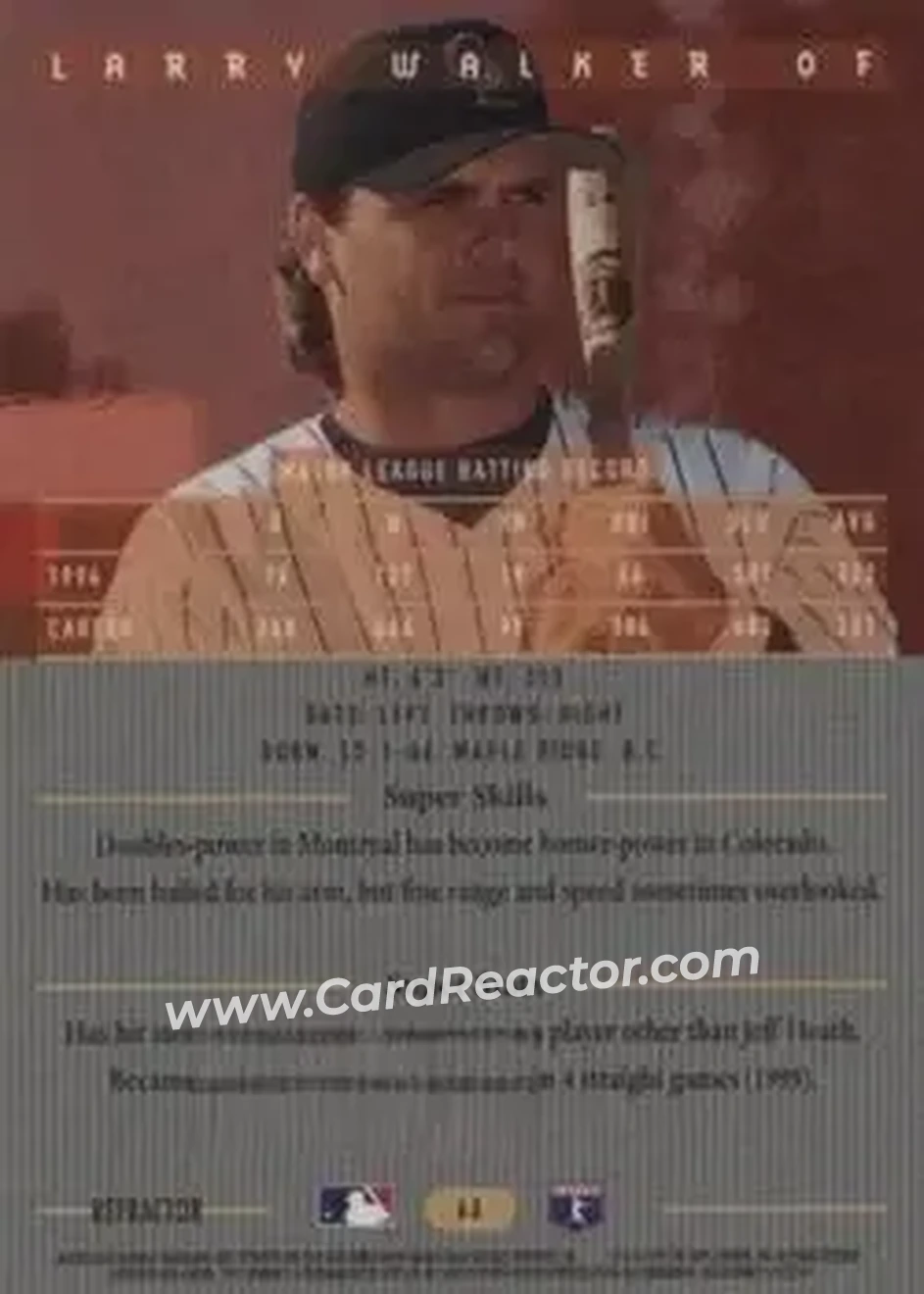 1995 Bowman's Best - Refractors #63 - Larry Walker - Colorado Rockies - Back 1995 Bowman's Best - Refractors #63 - Larry Walker - Colorado Rockies - Back