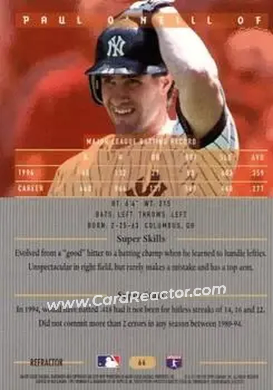 1995 Bowman's Best - Refractors #66 - Paul O'Neill - New York Yankees - Back 1995 Bowman's Best - Refractors #66 - Paul O'Neill - New York Yankees - Back