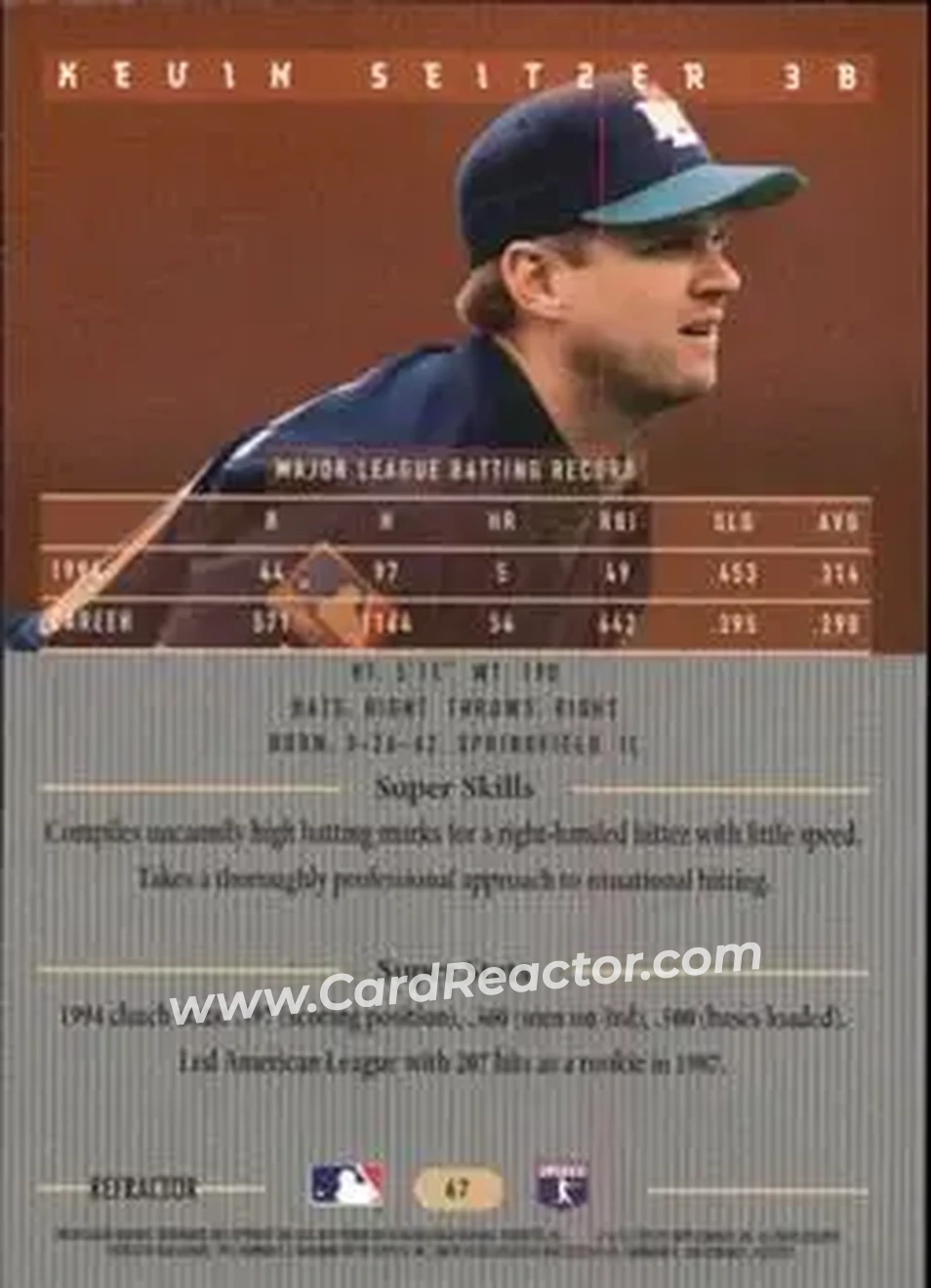 1995 Bowman's Best - Refractors #67 - Kevin Seitzer - Milwaukee Brewers - Back 1995 Bowman's Best - Refractors #67 - Kevin Seitzer - Milwaukee Brewers - Back