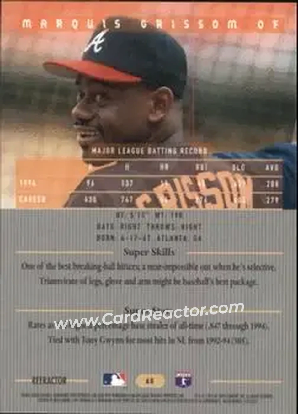 1995 Bowman's Best - Refractors #68 - Marquis Grissom - Atlanta Braves - Back 1995 Bowman's Best - Refractors #68 - Marquis Grissom - Atlanta Braves - Back