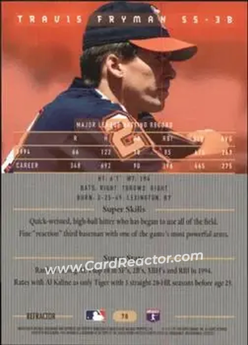 1995 Bowman's Best - Refractors #70 - Travis Fryman - Detroit Tigers - Back 1995 Bowman's Best - Refractors #70 - Travis Fryman - Detroit Tigers - Back