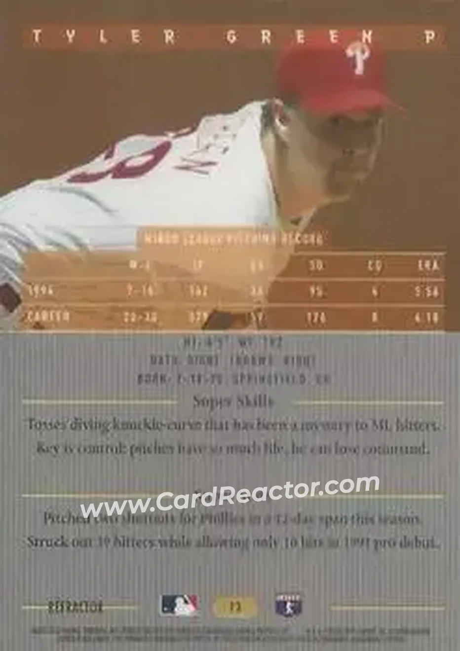 1995 Bowman's Best - Refractors #73 - Tyler Green - Philadelphia Phillies - Back 1995 Bowman's Best - Refractors #73 - Tyler Green - Philadelphia Phillies - Back