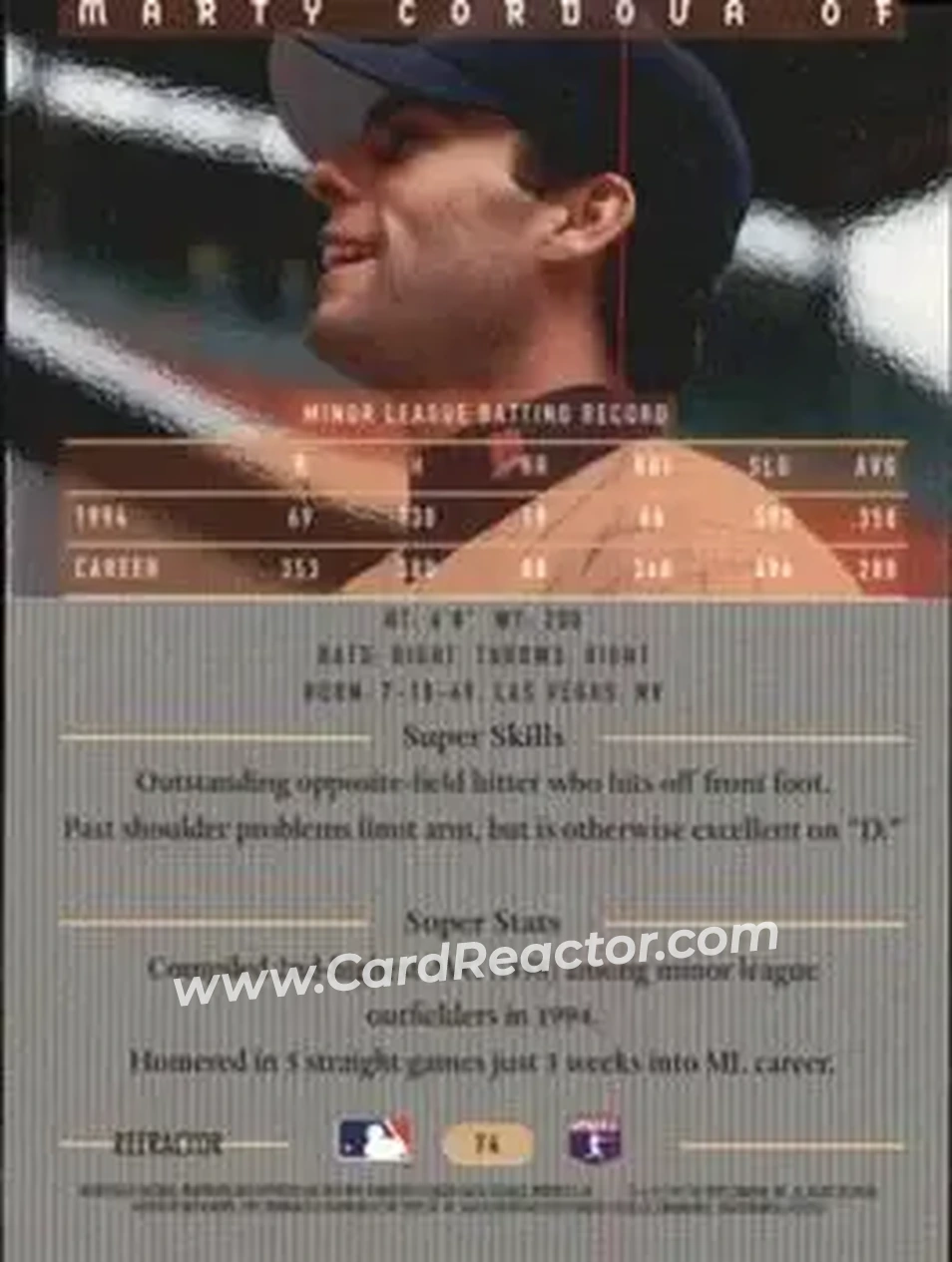 1995 Bowman's Best - Refractors #74 - Marty Cordova - Minnesota Twins - Back 1995 Bowman's Best - Refractors #74 - Marty Cordova - Minnesota Twins - Back