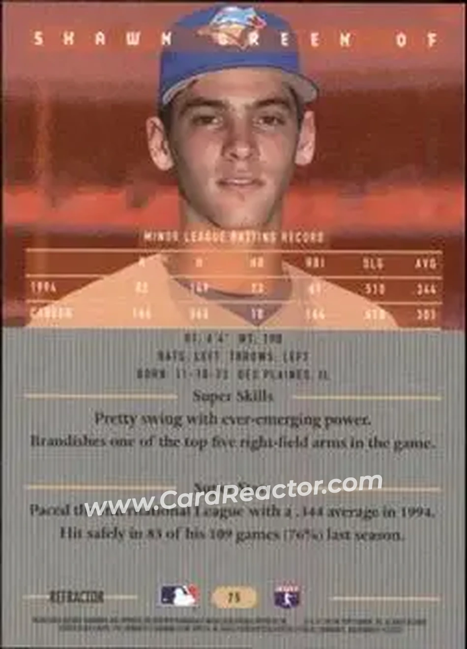 1995 Bowman's Best - Refractors #75 - Shawn Green - Toronto Blue Jays - Back 1995 Bowman's Best - Refractors #75 - Shawn Green - Toronto Blue Jays - Back