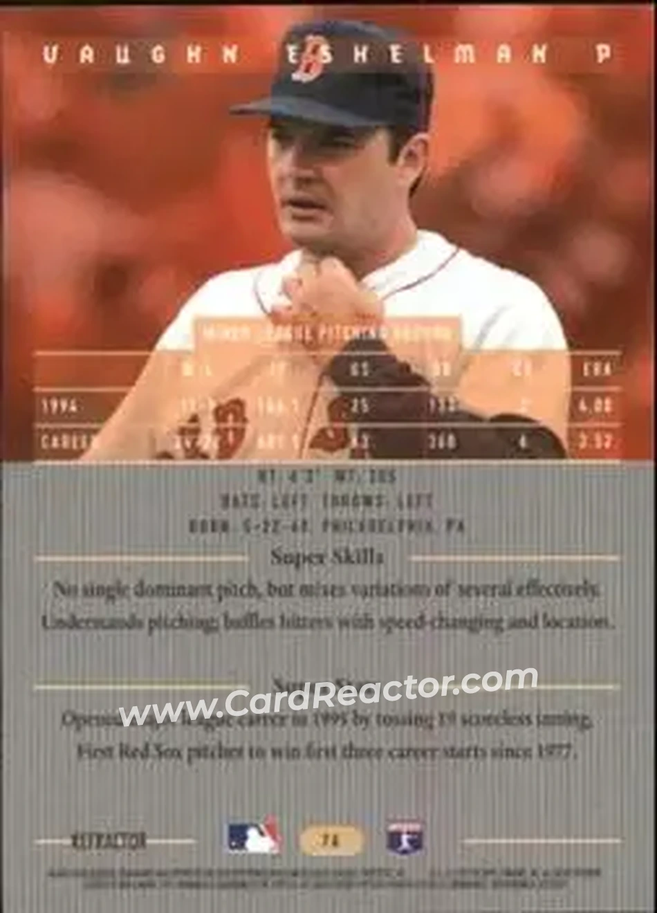 1995 Bowman's Best - Refractors #76 - Vaughn Eshelman - Boston Red Sox - Back 1995 Bowman's Best - Refractors #76 - Vaughn Eshelman - Boston Red Sox - Back