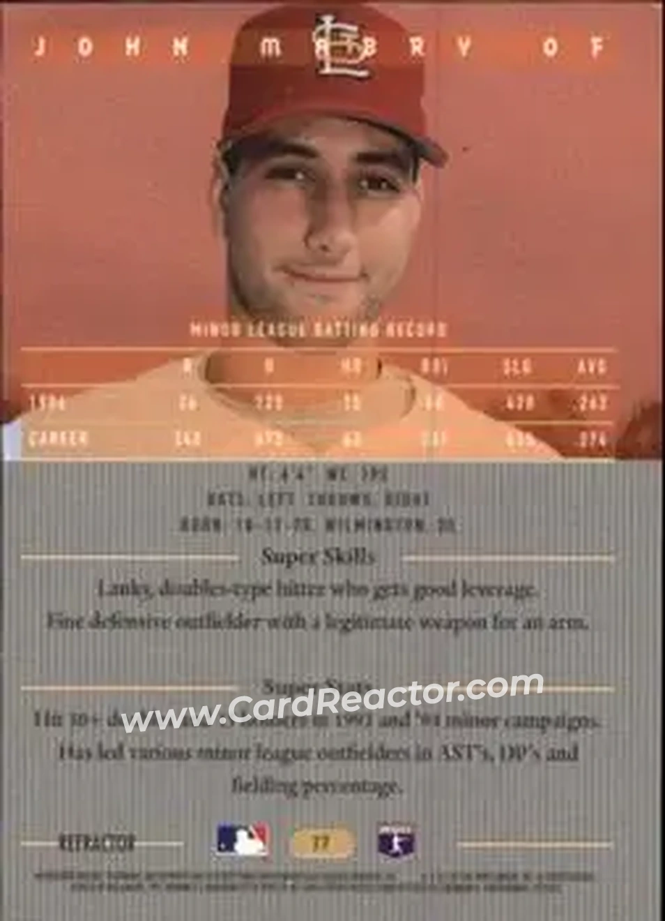 1995 Bowman's Best - Refractors #77 - John Mabry - St. Louis Cardinals - Back 1995 Bowman's Best - Refractors #77 - John Mabry - St. Louis Cardinals - Back