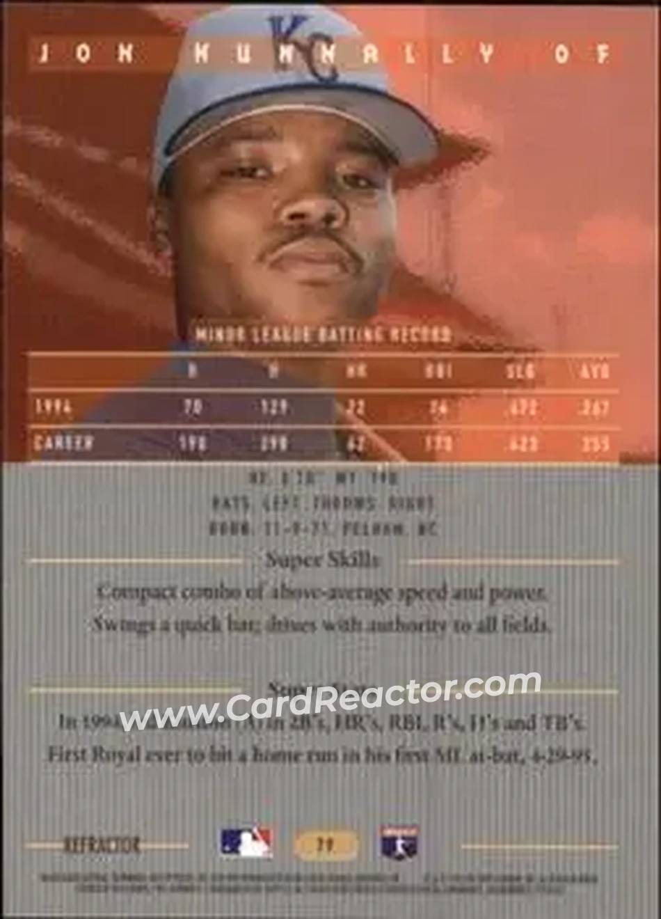1995 Bowman's Best - Refractors #79 - Jon Nunnally - Kansas City Royals - Back 1995 Bowman's Best - Refractors #79 - Jon Nunnally - Kansas City Royals - Back