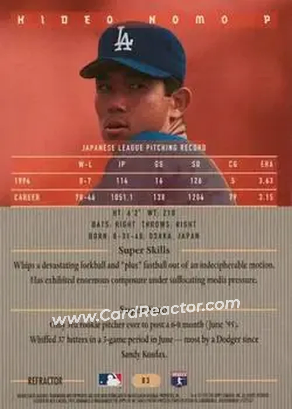 1995 Bowman's Best - Refractors #83 - Hideo Nomo - Los Angeles Dodgers - Back