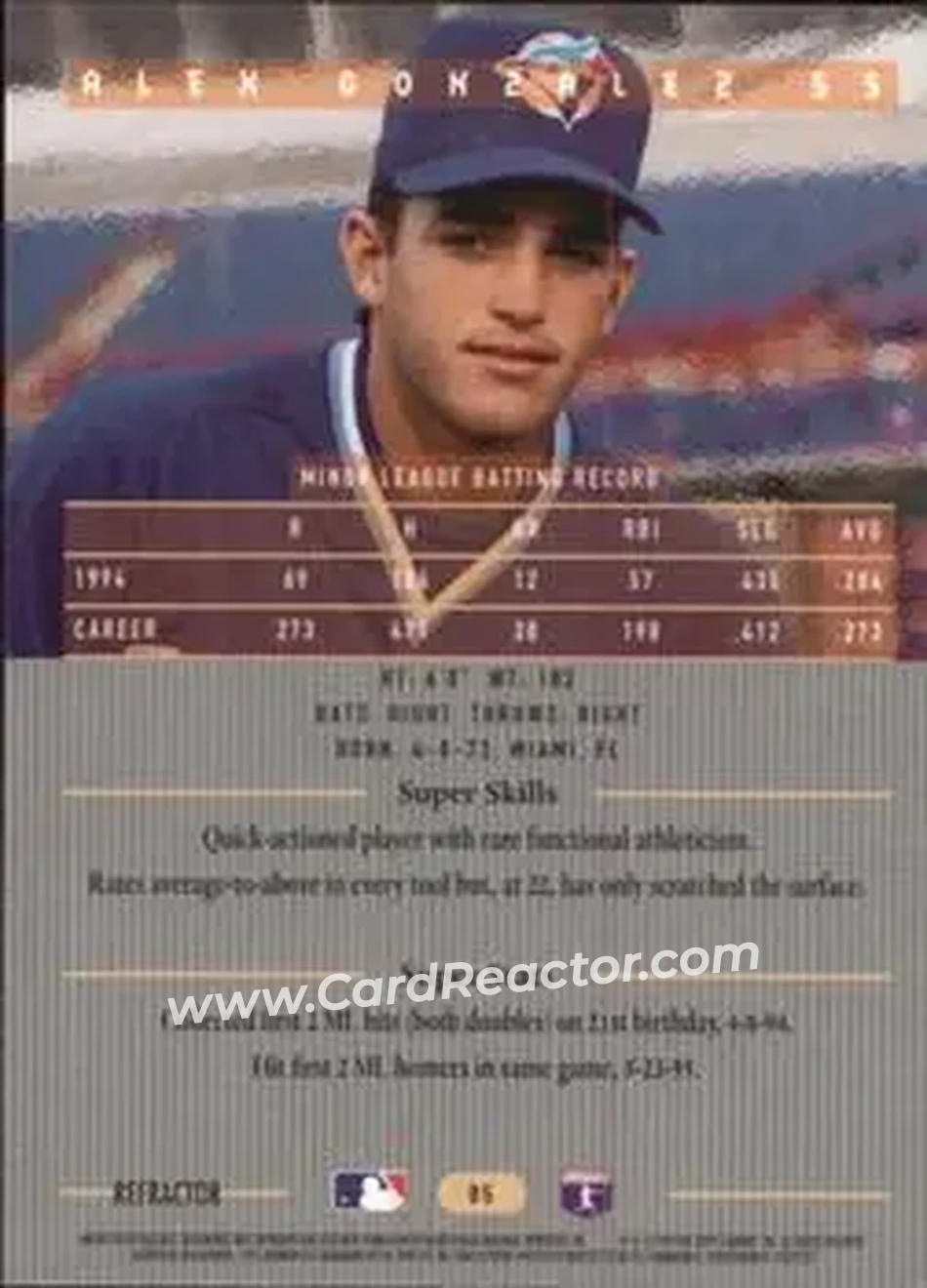 1995 Bowman's Best - Refractors #85 - Alex Gonzalez - Toronto Blue Jays - Back 1995 Bowman's Best - Refractors #85 - Alex Gonzalez - Toronto Blue Jays - Back