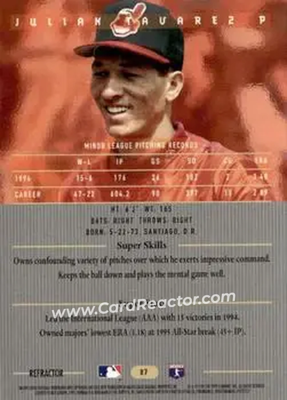 1995 Bowman's Best - Refractors #87 - Julian Tavarez - Cleveland Indians - Back 1995 Bowman's Best - Refractors #87 - Julian Tavarez - Cleveland Indians - Back