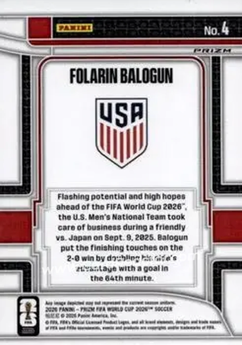 2026 Panini Prizm FIFA World Cup - Scorers Club Wave Prizms #4 - Folarin Balogun - USA - Back