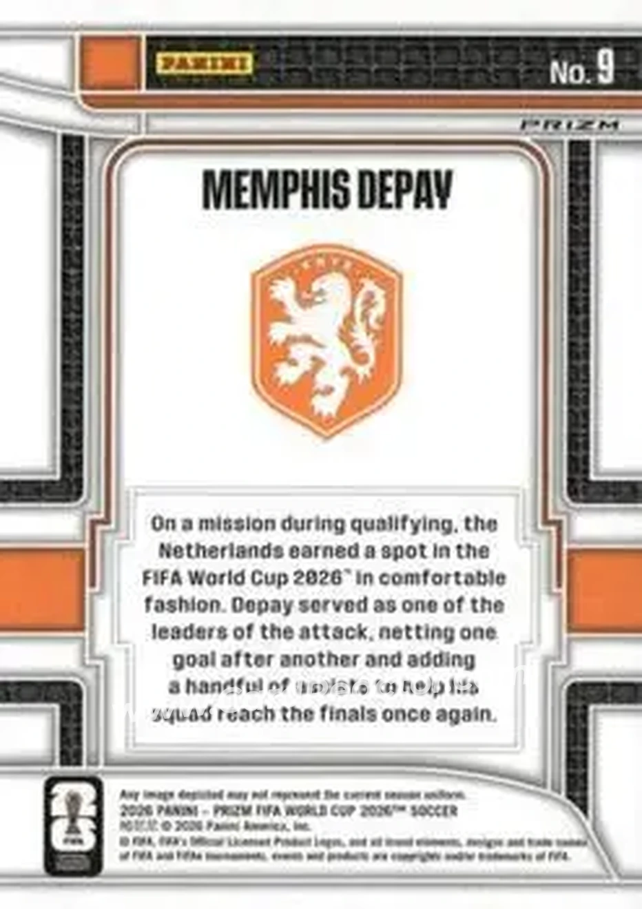2026 Panini Prizm FIFA World Cup - Scorers Club Wave Prizms #9 - Memphis Depay - Netherlands - Back