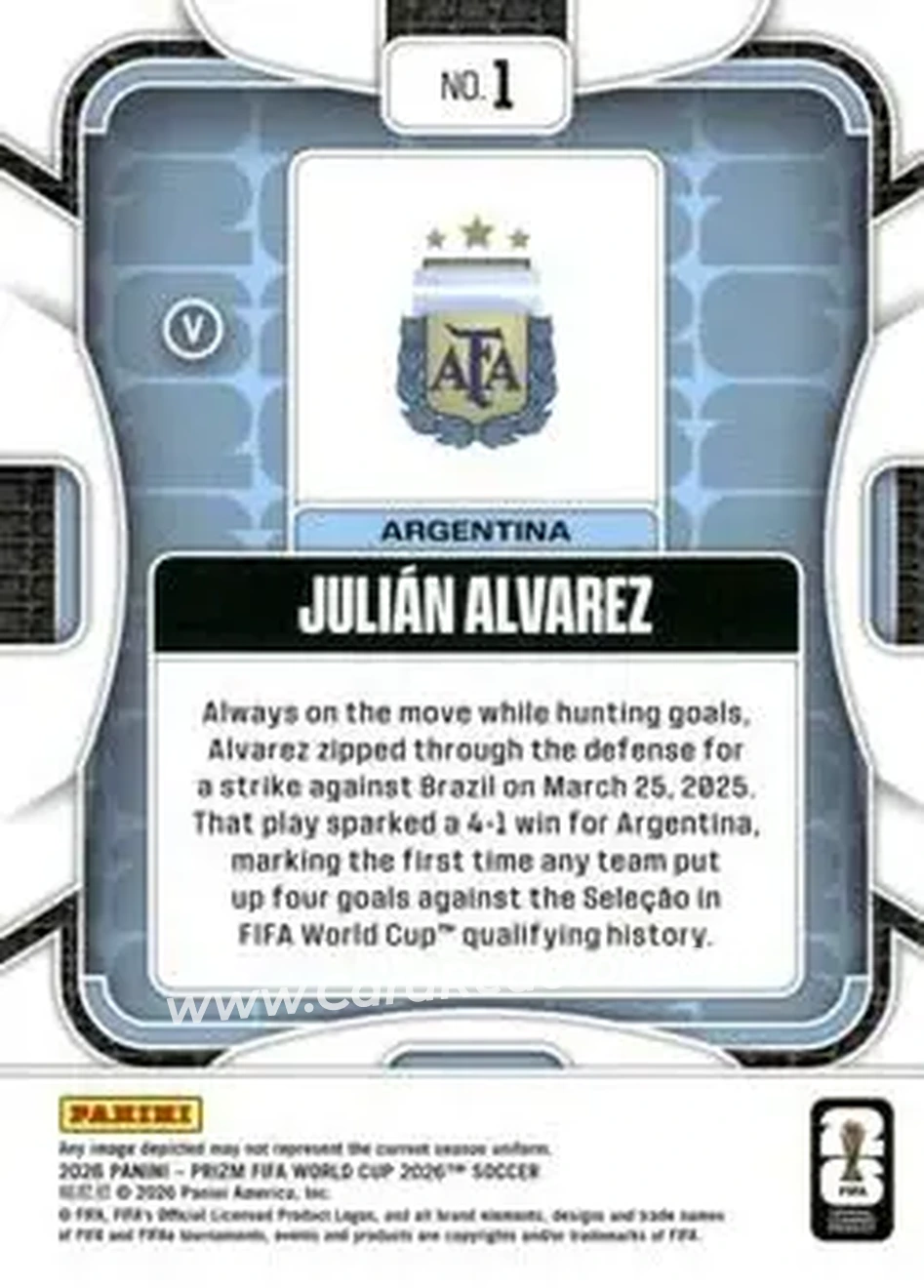 2026 Panini Prizm FIFA World Cup #1 - Julian Alvarez - Argentina - Back