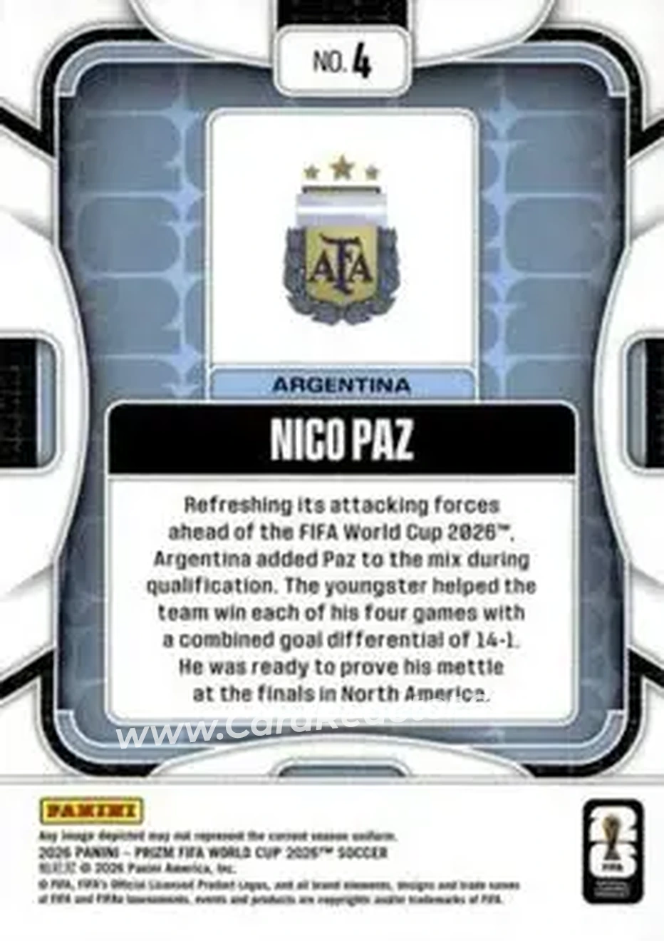 2026 Panini Prizm FIFA World Cup #4 - Nico Paz - Argentina - Back