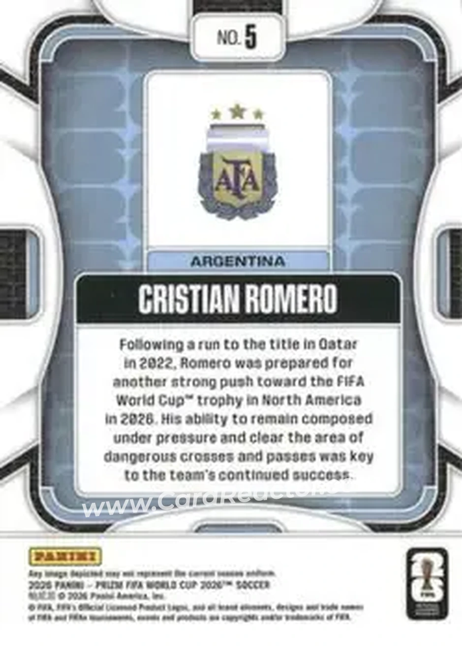 2026 Panini Prizm FIFA World Cup #5 - Cristian Romero - Argentina - Back