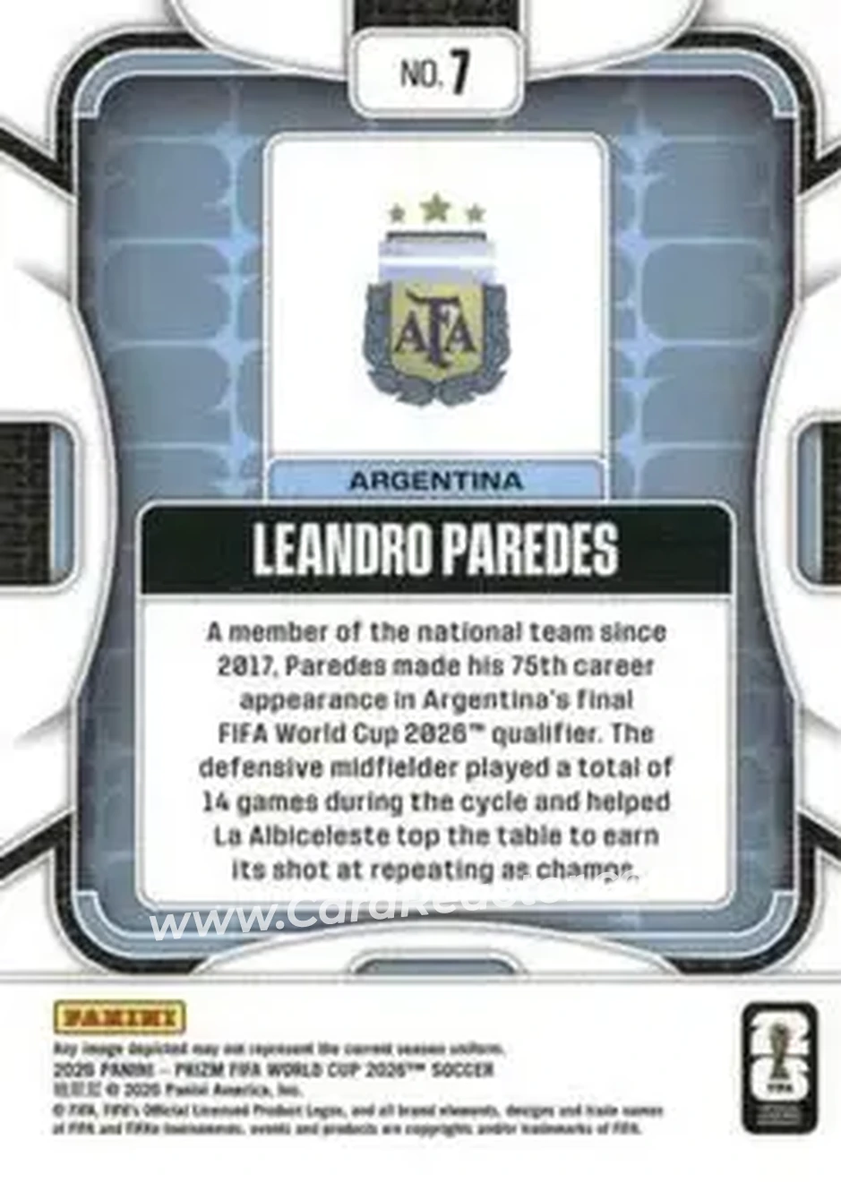 2026 Panini Prizm FIFA World Cup #7 - Leandro Paredes - Argentina - Back