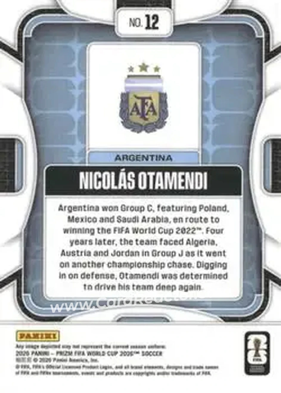 2026 Panini Prizm FIFA World Cup #12 - Nicolas Otamendi - Argentina - Back