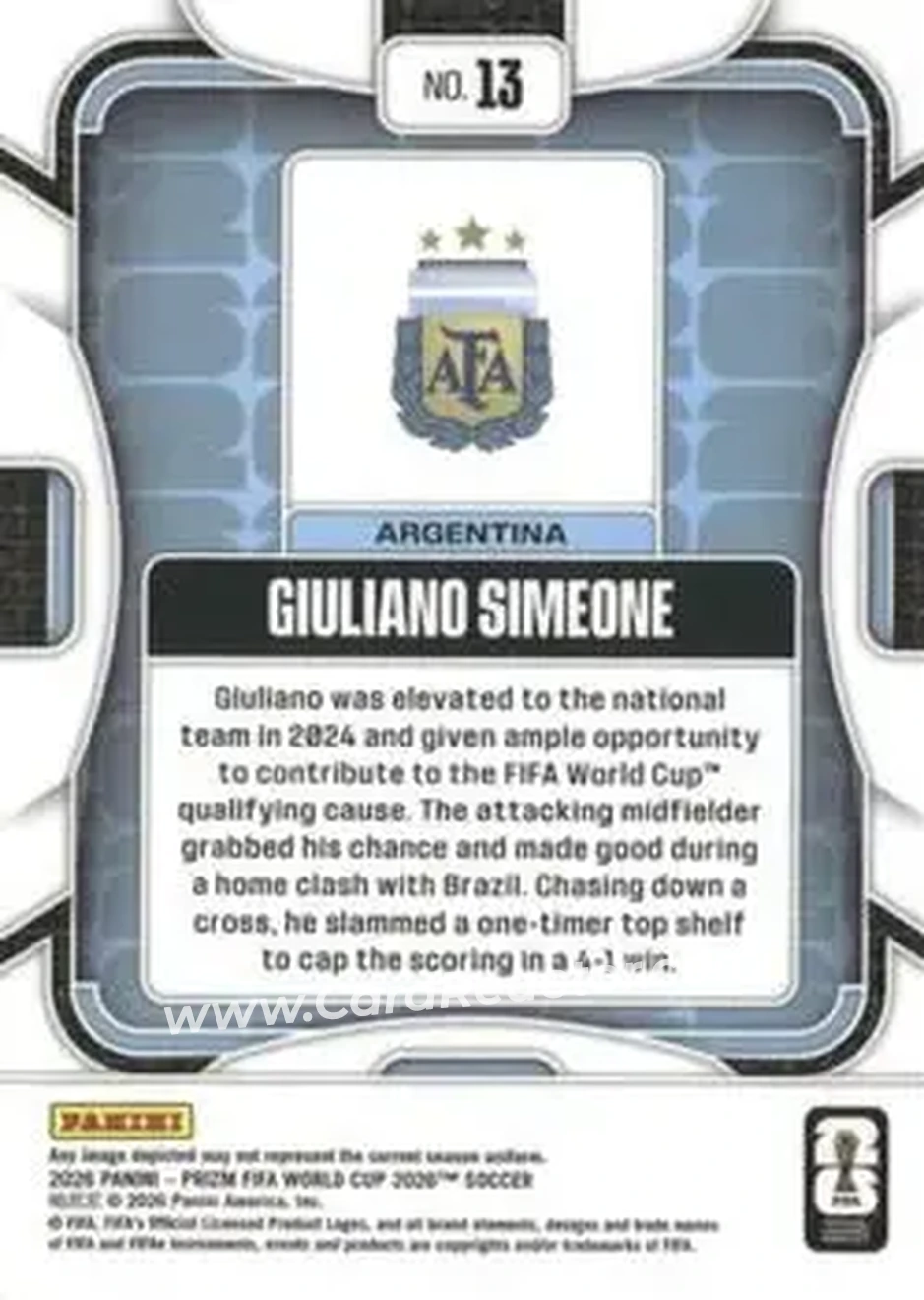 2026 Panini Prizm FIFA World Cup #13 - Giuliano Simeone - Argentina - Back