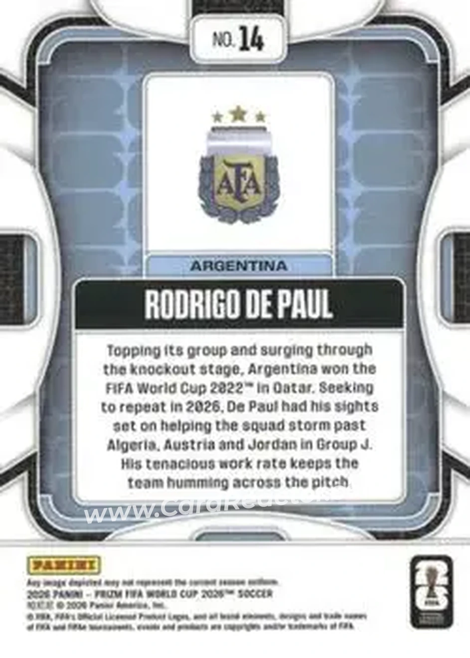 2026 Panini Prizm FIFA World Cup #14 - Rodrigo de Paul - Argentina - Back