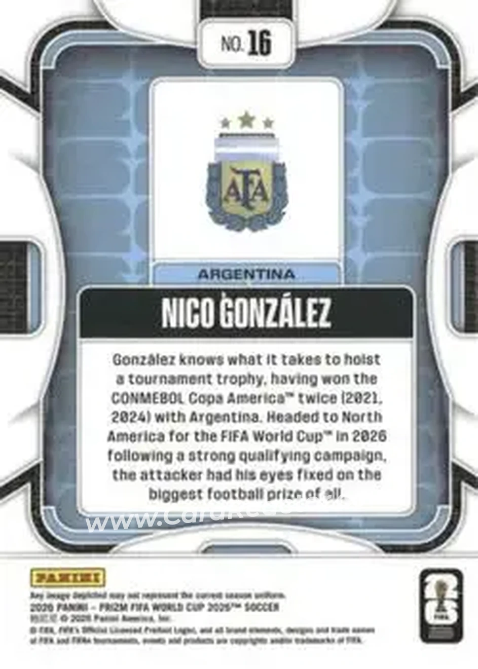2026 Panini Prizm FIFA World Cup #16 - Nico Gonzalez - Argentina - Back