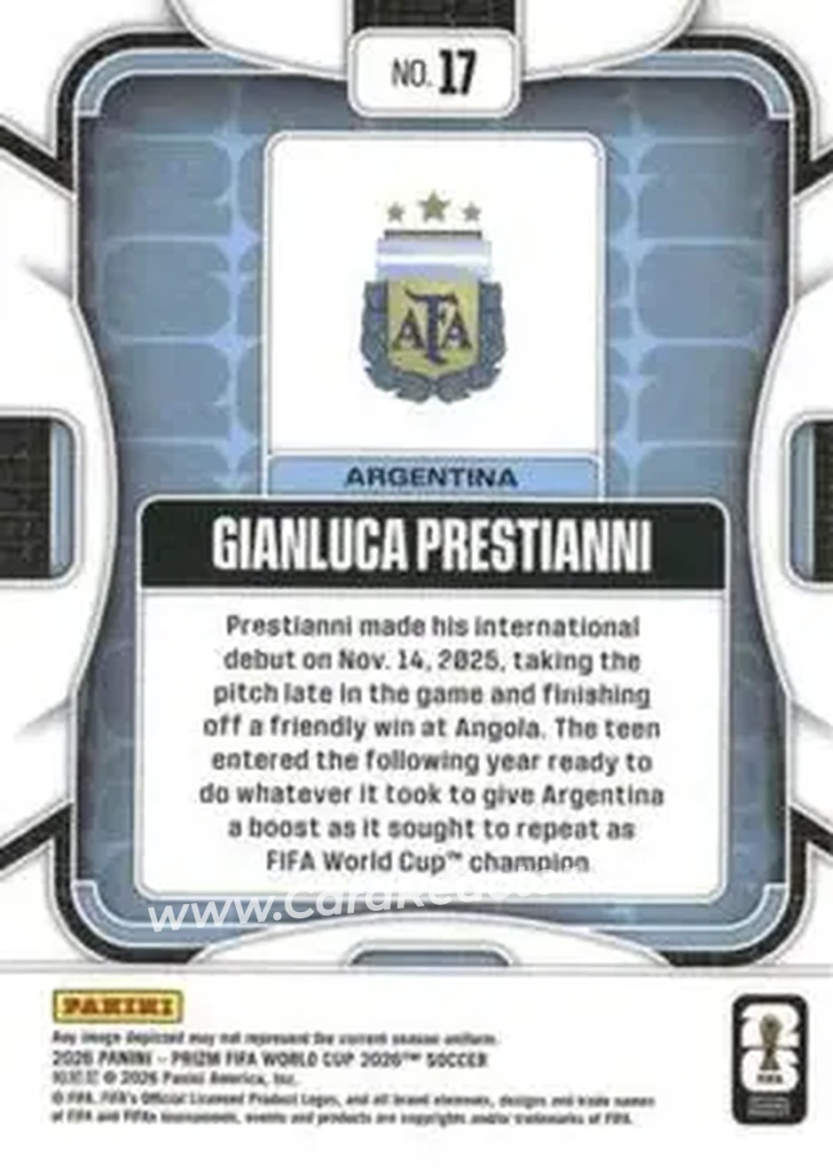 2026 Panini Prizm FIFA World Cup #17 - Gianluca Prestianni - Argentina - Back