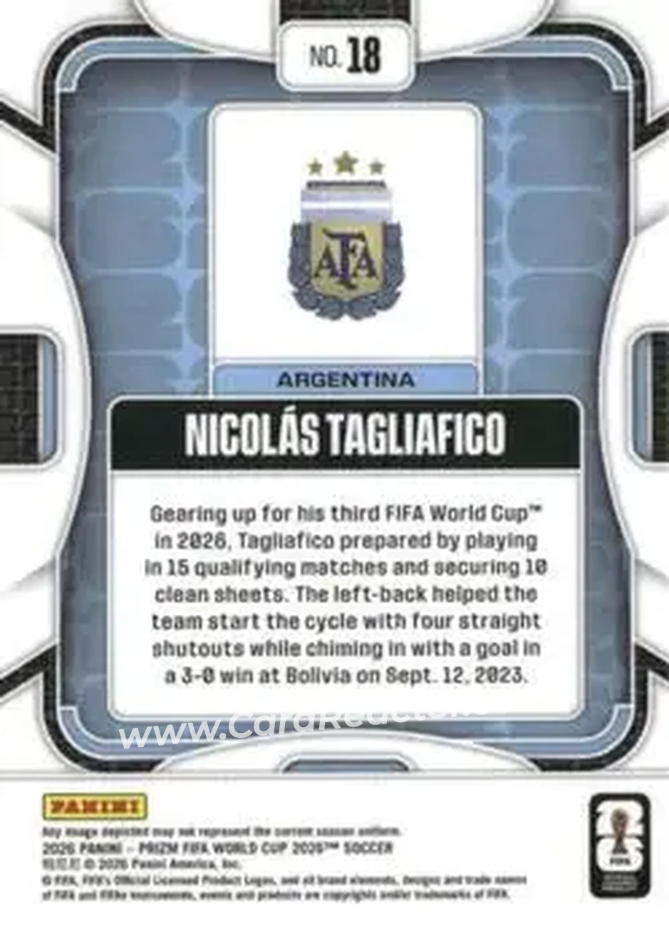 2026 Panini Prizm FIFA World Cup #18 - Nicolas Tagliafico - Argentina - Back