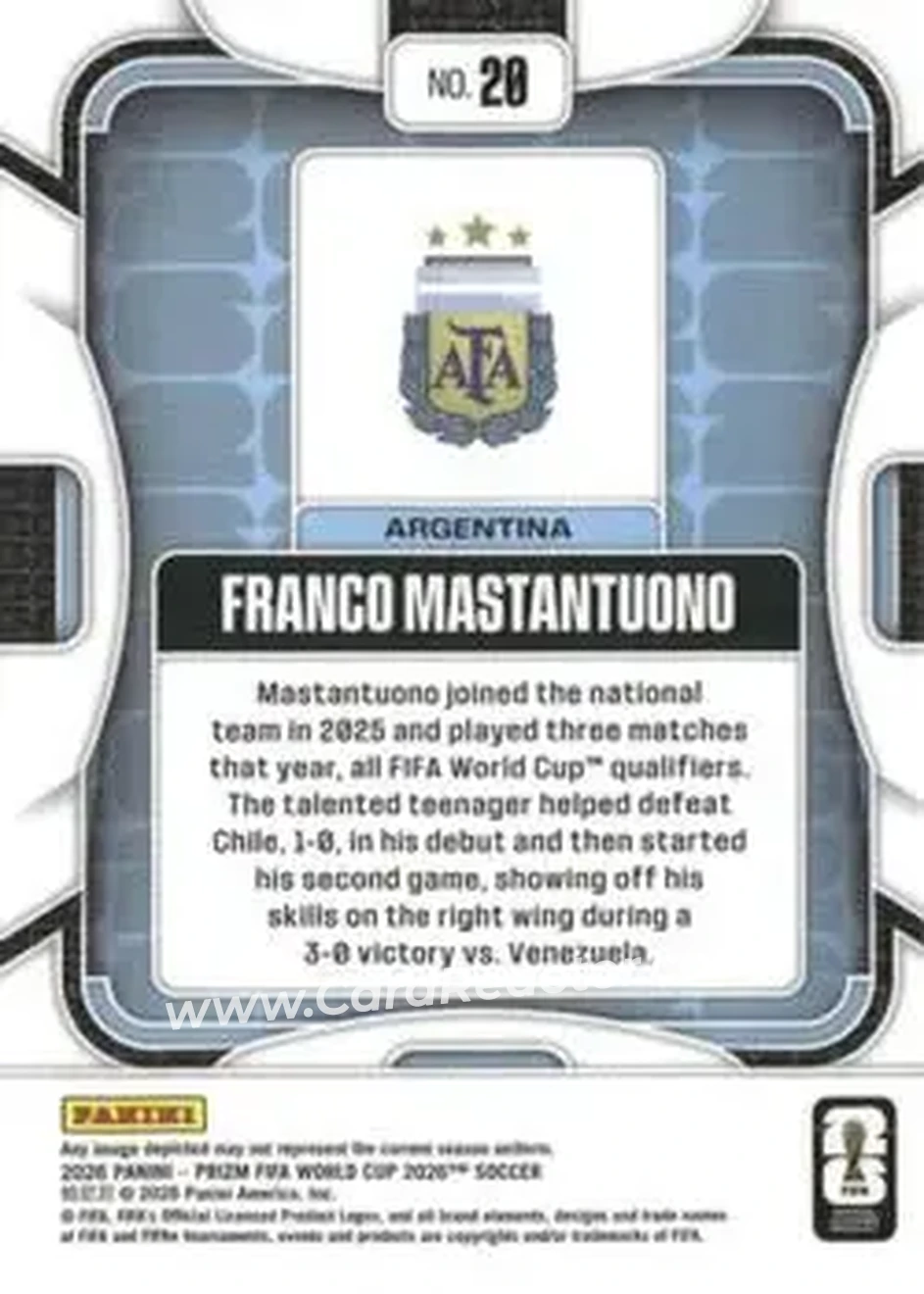 2026 Panini Prizm FIFA World Cup #20 - Franco Mastantuono - Argentina - Back