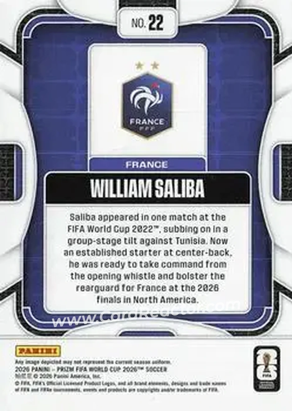 2026 Panini Prizm FIFA World Cup #22 - William Saliba - France - Back
