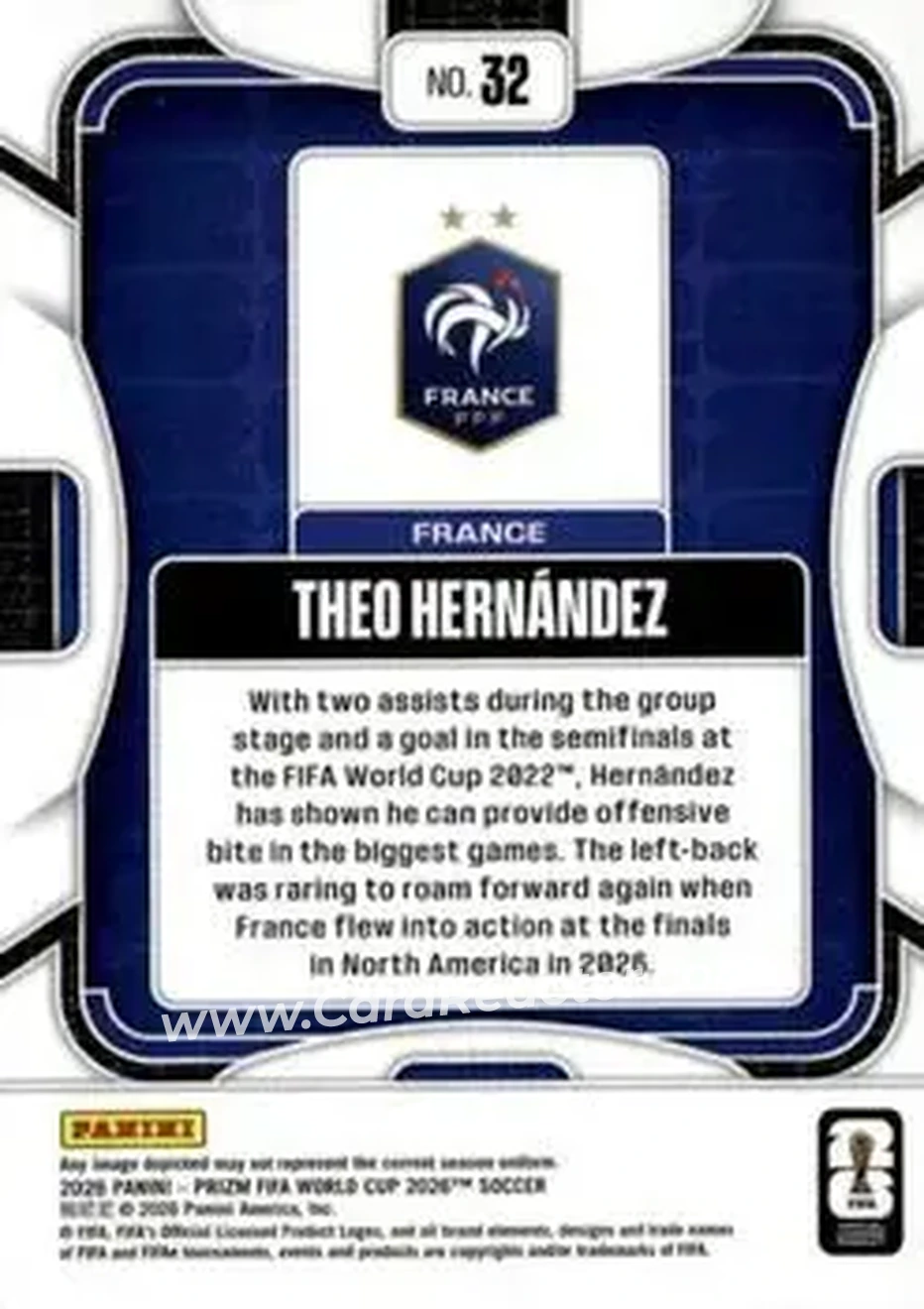 2026 Panini Prizm FIFA World Cup #32 - Theo Hernandez - France - Back