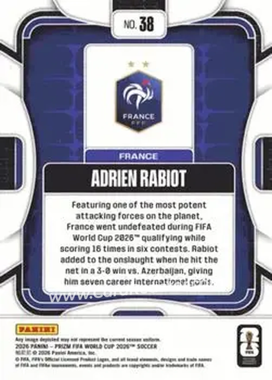 2026 Panini Prizm FIFA World Cup #38 - Adrien Rabiot - France - Back