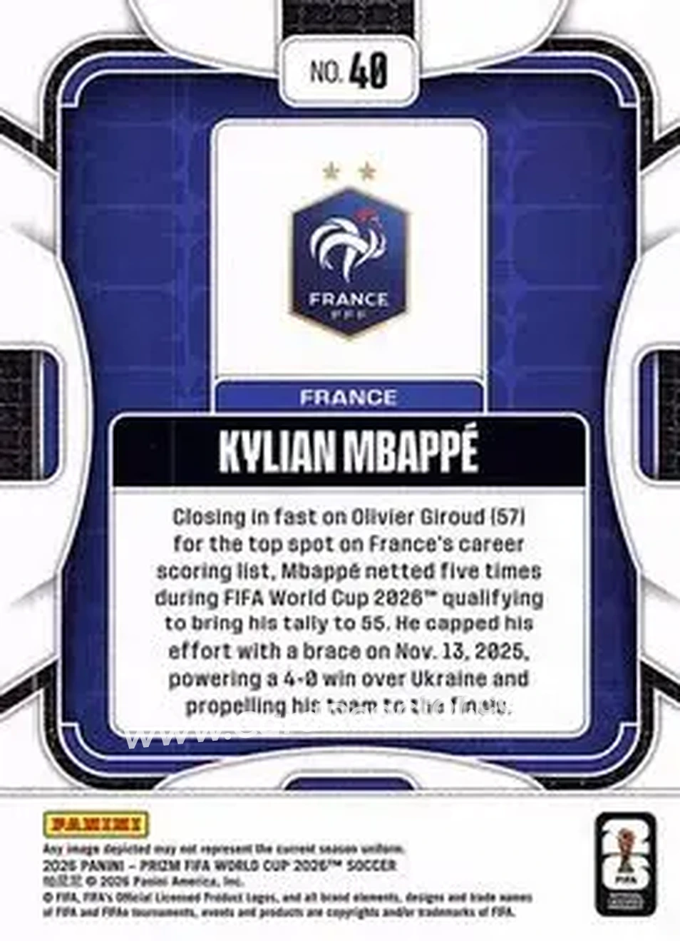 2026 Panini Prizm FIFA World Cup #40 - Kylian Mbappe - France - Back